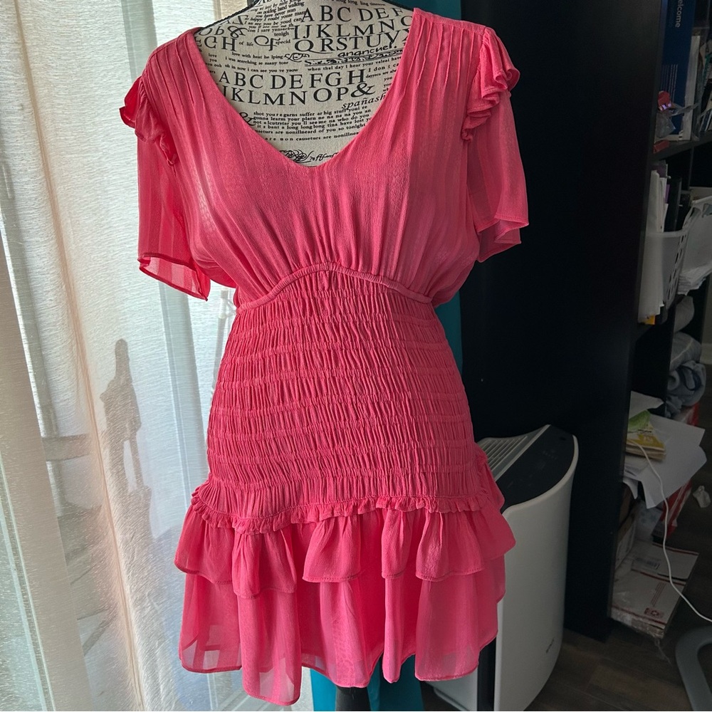 LoveShackFancy Rena Smocked Mini Hot Pink Dress Tiered Ruffled Barbie Romance S